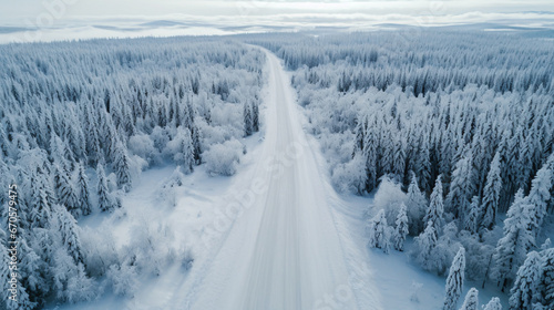 Aerial view of a winter roadway through a forest landscape