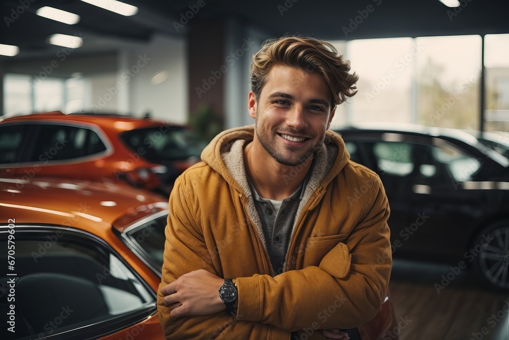 A handsome young brunette man smiles against the background of his new car in a car dealership. Buying a car and driving concept. A handsome young brunette man smiles against the background of his new car in a car dealership. Buying a car and driving concept.