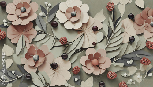 illustrazione sfondo con fiori e bacche autunnali realizzati con ritagli di carta photo