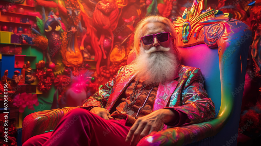 Santa gone clubbing, Santa sits on a comfy chair in a nightclub between gigs. Casually dressed in pink jacket, sunglasses, long grey hair and grey beard  
