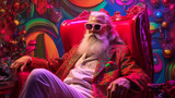 Festive old guy who looks like saint nick decked out in colorful clothes sits on a comfy chair in a surreal den between gigs. Casually dressed in pink jacket, sunglasses, long grey hair grey beard 