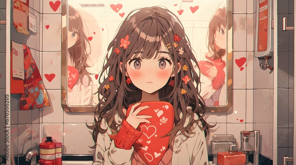 Fototapeta premium Cute chibi LOFI anime manga girl, valentines day hearts background