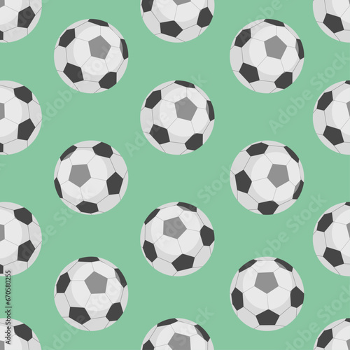 Seamless pattern with Football  balls in flat style on a green background. Illustration art for tournament illustration and sport apps. 