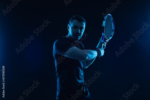 Tennis player banner on the black background Photo for sports tenis designs.