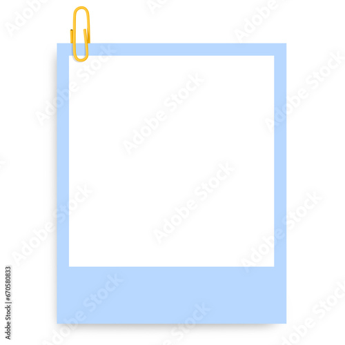 Colored Polaroid photo frame with a colored paper clip on a blank background.