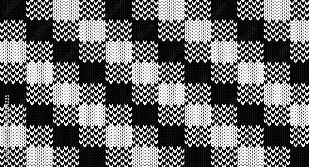 Black and white gingham knitted pattern, Festive Sweater Design. Seamless Knitted Pattern