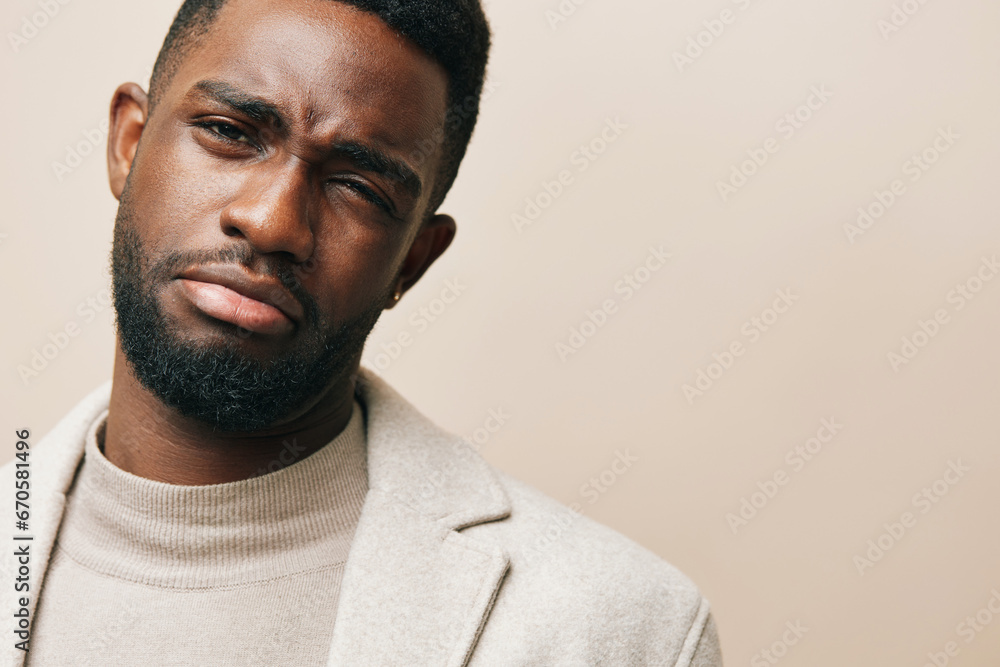 Fototapeta premium man jacket black style fashion model portrait handsome african beige american stylish