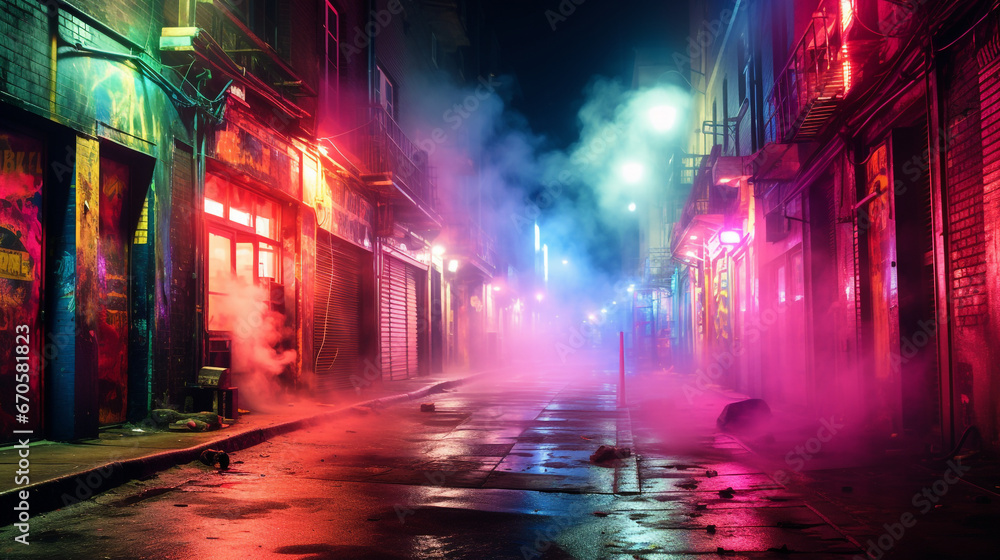  a vibrant and futuristic city, a neon-lit alley is filled with billowing, multicolored smoke