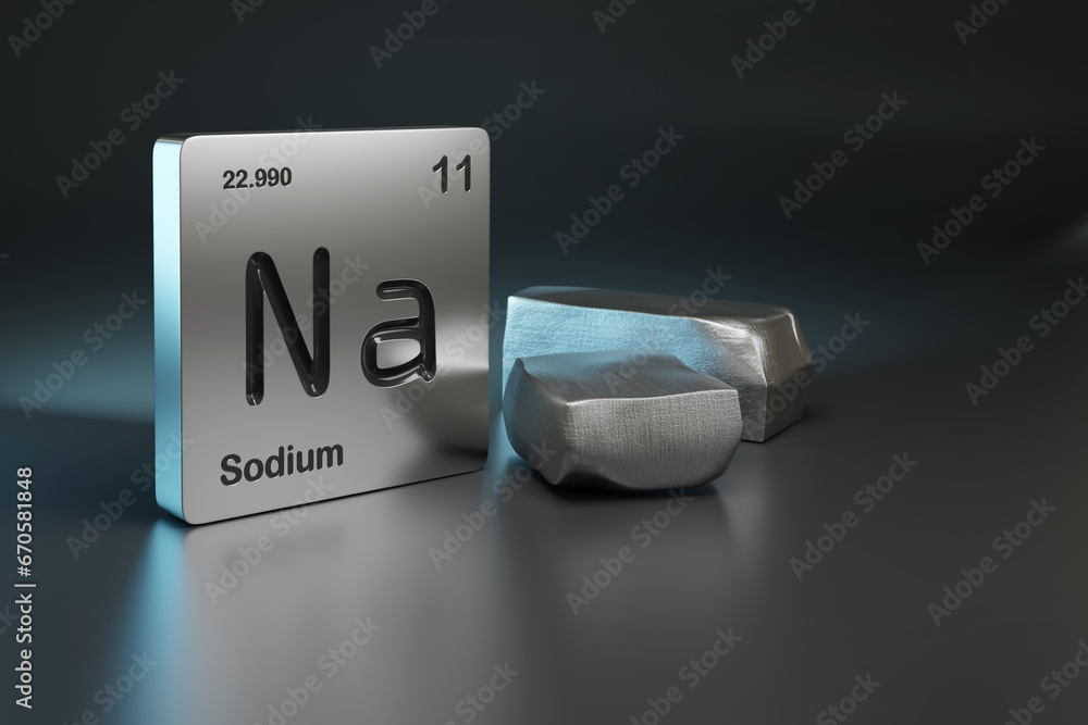 Sodium element symbol from the periodic table near metallic sodium with copy space. 3d illustration. - obrazy, fototapety, plakaty 