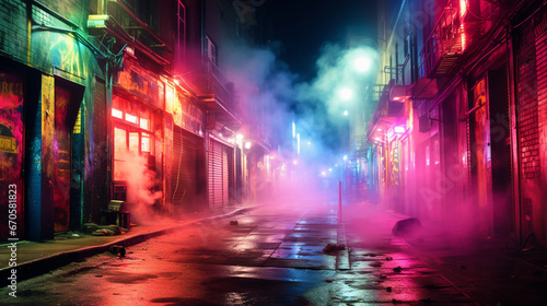  a vibrant and futuristic city  a neon-lit alley is filled with billowing  multicolored smoke