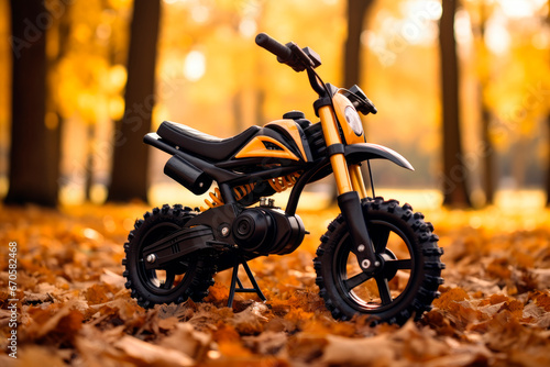 A toy motorcycle in the autumnal park