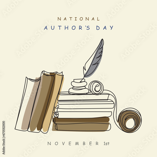 Authors day line art poster and banner design vector. Continuous line art of books with inkpot and typewriter vintage style. November celebration. Book lover. Writers editors and authors day. Postcard