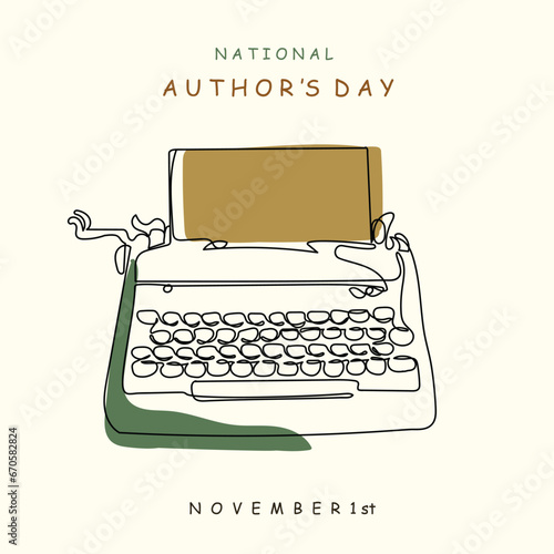 Authors day line art poster and banner design vector. Continuous line art of books with inkpot and typewriter vintage style. November celebration. Book lover. Writers editors and authors day. Postcard