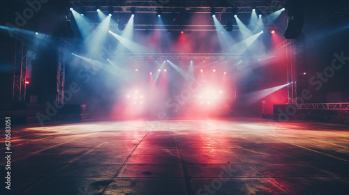 A deserted nightclub stage with dynamic red and blue spotlights, a vintage dance floor below