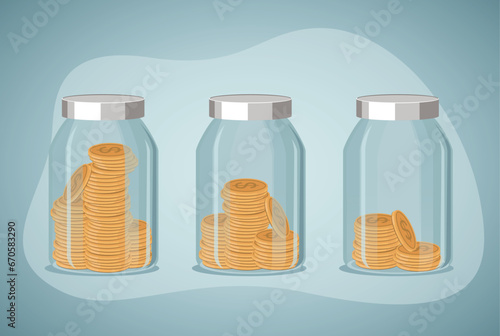 Coin bank with decreasing piles of coins. Saving inflation, financial crisis and loosing money concept.