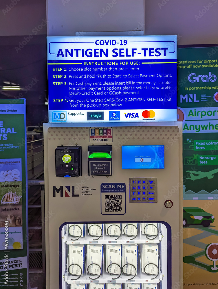Pasay, Metro Manila, Philippines Oct 6, 2023 An Antigen Self Test dispenser and vending