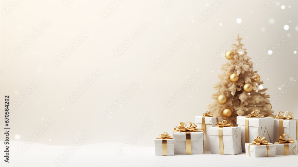 Mikołajki - prezenty pod choinkę na gwiazdkę - jasne złote tło na święta Bożego Narodzenia. Xmas. Wesołych Świąt.  - obrazy, fototapety, plakaty 
