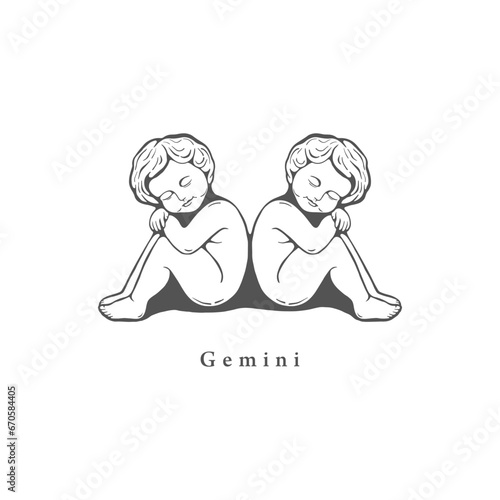 Gemini zodiac symbol in engraving style