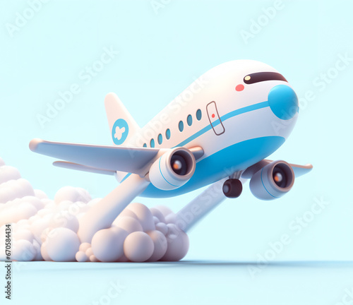 cute airplane,Airlines, flying around the world, boarding, leisure travel vacation summer vacation concept on pastel background. Plane smoke, plane travel plans world tour. 3D illustration