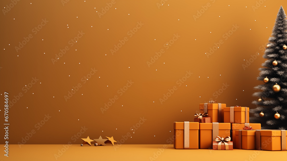 Mikołajki - prezenty pod choinkę na gwiazdkę - pomarańczowe tło na życzenia na święta Bożego Narodzenia. Xmas. Wesołych Świąt.  - obrazy, fototapety, plakaty 
