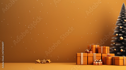 Mikołajki - prezenty pod choinkę na gwiazdkę - pomarańczowe tło na życzenia na święta Bożego Narodzenia. Xmas. Wesołych Świąt. 