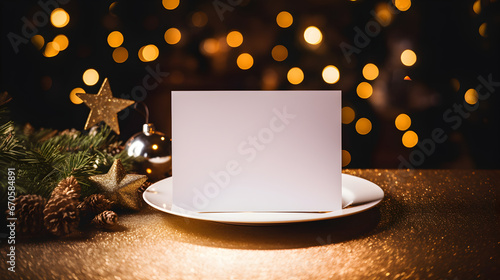 carte d'invitation vierge pour une fête du nouvel an avec décoration blanche et dorée