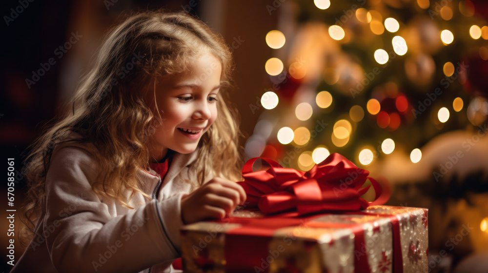 A little girl near the Christmas tree unpacks New Year's gifts. The child expects a miracle. Holiday concept, surprise.