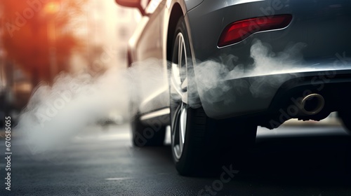 Closeup car exhaust pipe with visible CO2 smoke billowing out. Carbon emissions and global warming. Environmental problem with diesel and fossil fuels burning. Dioxide impact from urban traffic jams. photo