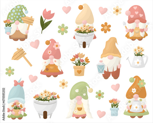 Set of vector illustrations of garden gnomes with flowers