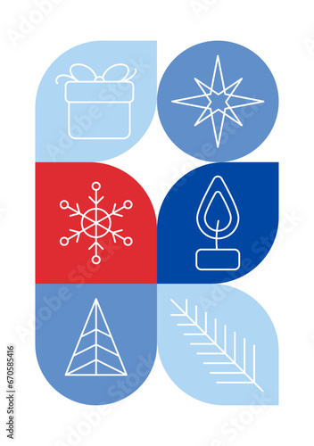 Trendy bauhaus pattern Christmas poster. Vector geometric winter shapes in blue and red colors. Simple abstract modern design elements. Fashion retro print for greeting card, web design