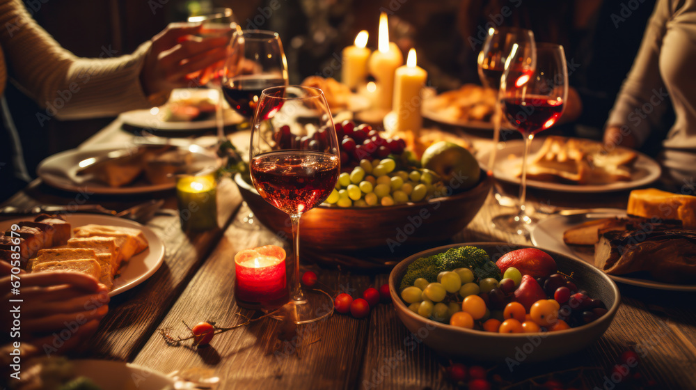 Christmas full table. Family holiday Christmas. A table full of people, glasses clinking, a large selection of food. Holiday concept, fun.