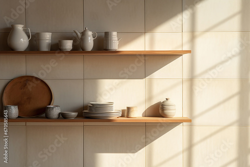 The simple clean white kitchen with the wooden counter and shelves filled with white ceramic seasoning jar and plate, daylight and shadow. Generative AI.