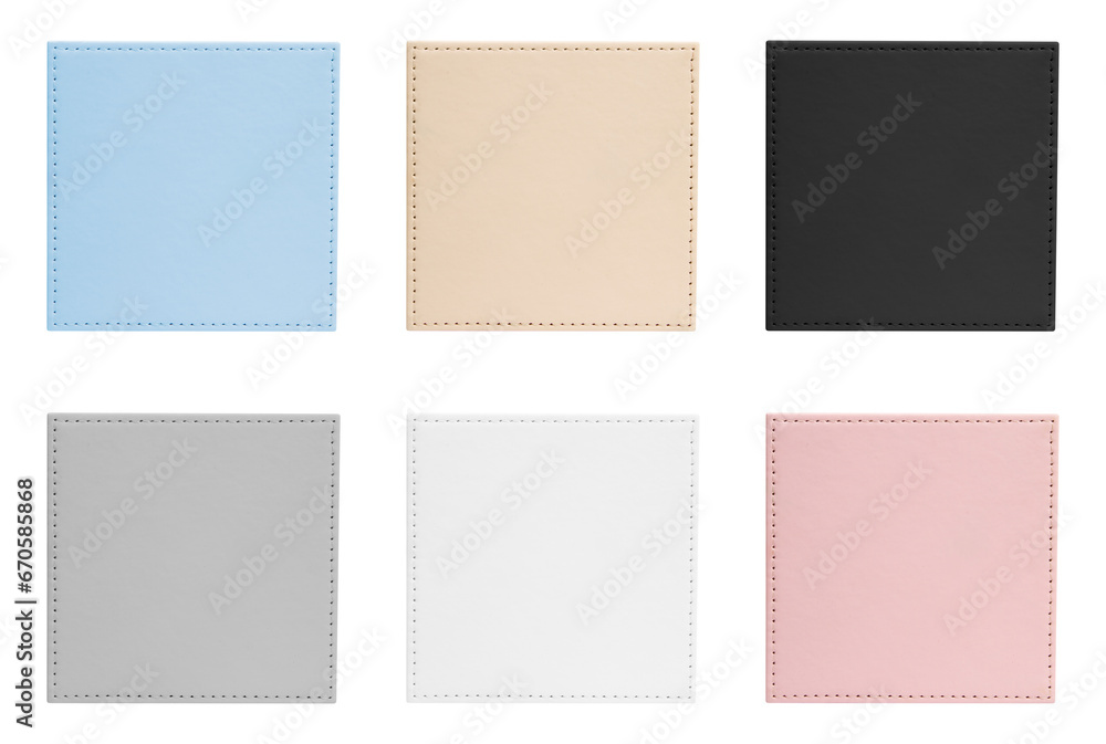 Set of colored leather frames on a blank background.