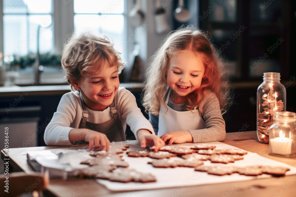 Fictional little brother and his sister making cookies for Christmas in the kitchen at home. Concept of preparing for traditions and celebrations in the winter season.