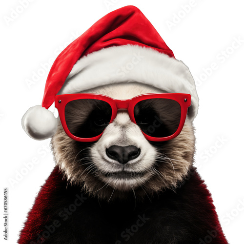 Portrait of cute panda wearing santa claus hat and sunglasses isolated on transparent background. © Mickey