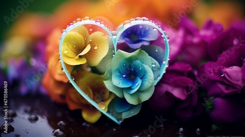 Dew-kissed flowers in the morning forming a heart shape, with a soft rainbow in the background.