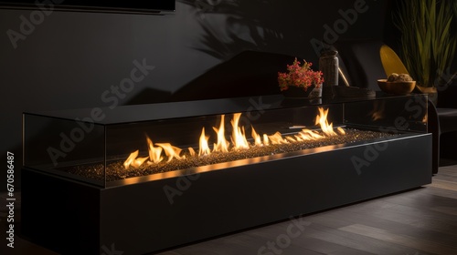 A minimalist black fireplace with a large rectangu. AI generated photo