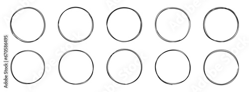 Hand drawn circle line frame set. Vector circle frames in doodle style. Sketch of round or circles elements isolated. Art design of round circular doodle drawn with pencil or pen. Vector illustration