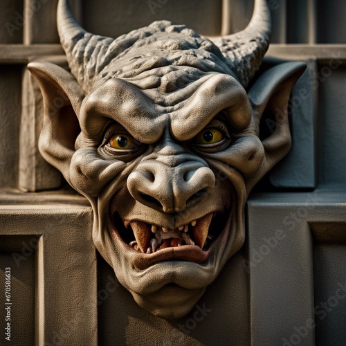 AI generated gargoyle ogre face hanging on a wall. photo