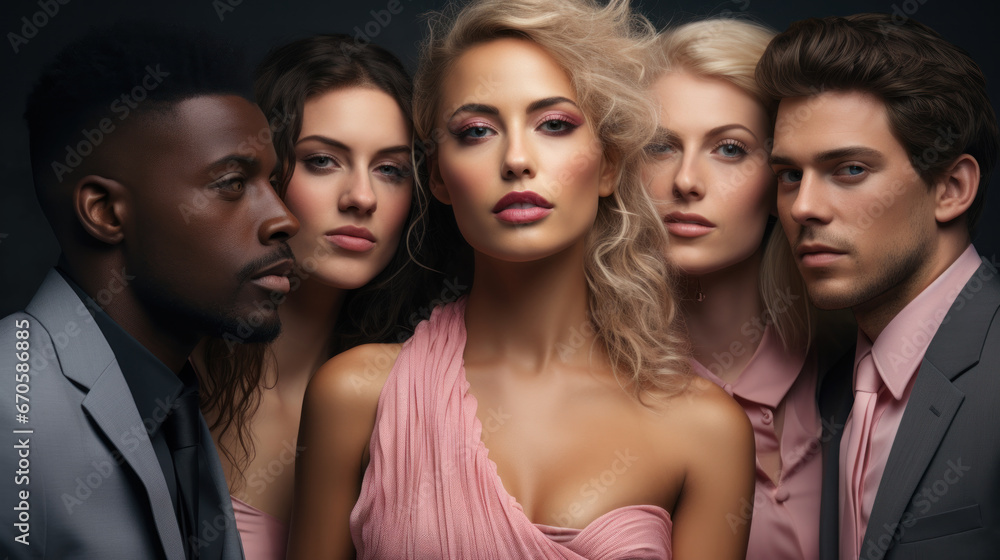 Fototapeta premium Multiethnic group of young people standing in a row on fashion shoot background. Elegant models posing with attitude together.