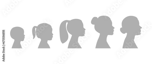Vector illustration. Stages of growing up of a woman - baby, child, teenager, adult, elderly. Silhouettes of women of different ages.