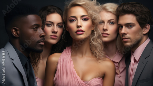Multiethnic group of young people standing in a row on fashion shoot background. Elegant models posing with attitude together.