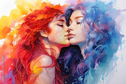 Watercolour females kissing lgbtq rainbow illustration