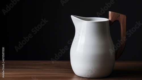 A minimalist white ceramic pitcher with a wooden. AI generated