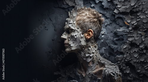Fantasy portrait in profile of cracked young man in a hole in the wall.