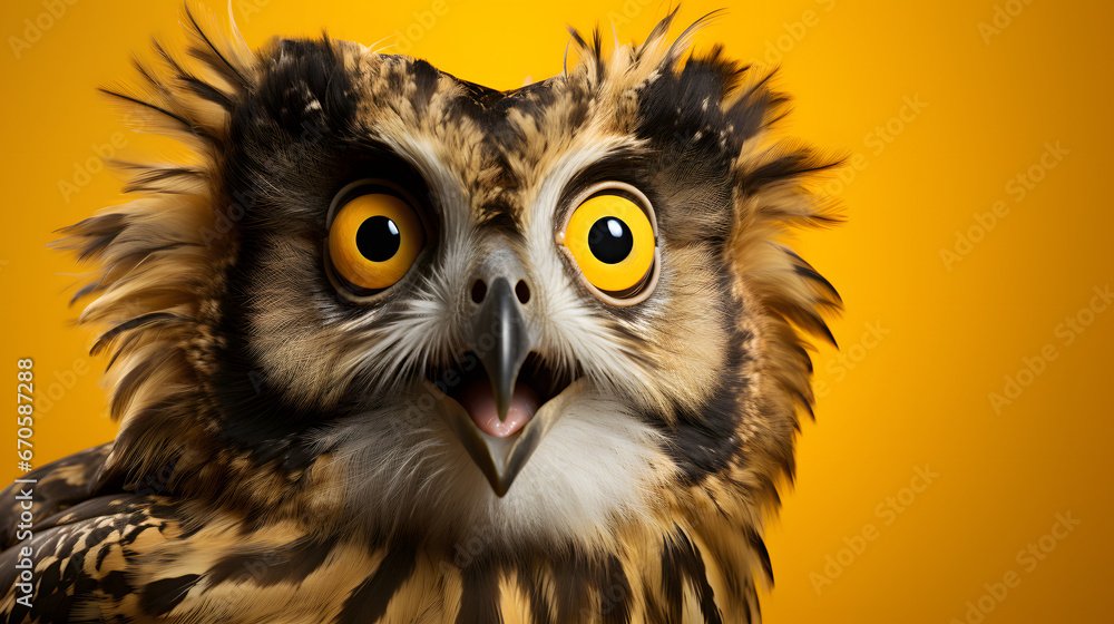 Studio portrait of surprised owl, isolated on yellow background with copy space Studio portrait of surprised owl, isolated on yellow background with copy space