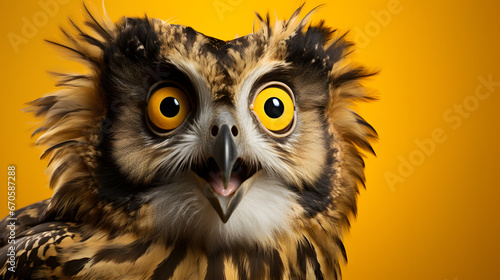 Studio portrait of surprised owl, isolated on yellow background with copy space