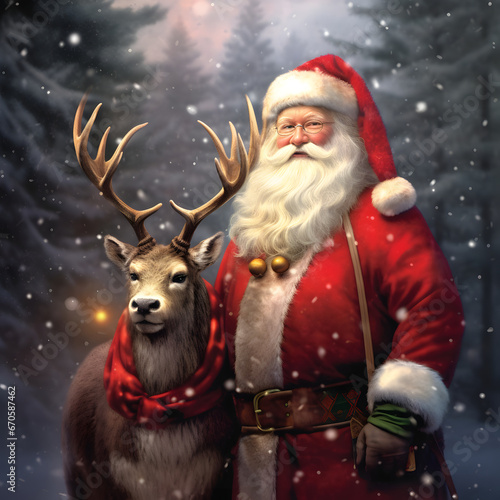 Santa Claus with deer wearing a red scarf in the morning snowy forrest surrounded with snowflakes