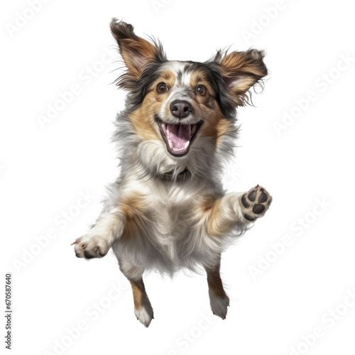 cute dog jumps and laughs on isolated transparent background