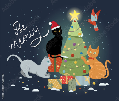 Three cute cats and the bird decorating Christmas tree outdoors on a snowy evening. Vector holiday illustration